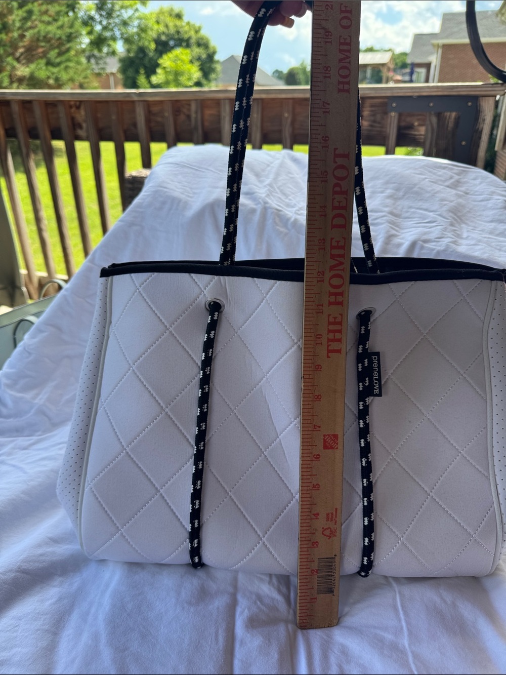 White Quilted Tote with Black Trim and Rope Handles